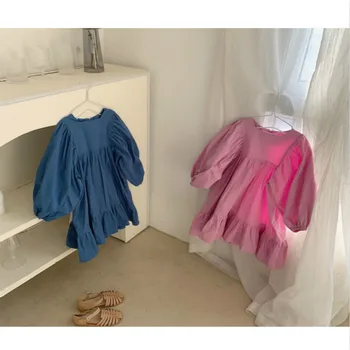 Ir 2021. meitenes ilgi puff piedurknēm vienkrāsainu kokvilnas laukumā apkakles princese kleitas pavasara ruffles bērniem kleita lotus apģērbi