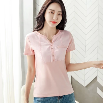 Jauns Apģērbu 2020. Gada Vasaras Topi, V-Veida Kakla Button T Krekls Sievietēm Ar Īsām Piedurknēm Gadījuma Tshirt Sieviete Korejas Drēbes Kokvilnas Vetement Femme