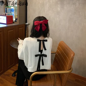 MATAKAWA Tīru Krāsu O-veida Kakla Džemperis Sieviešu Mētelis garām piedurknēm Loku Sieviete Džemperi Ir 2021. Japāņu Zaudēt Jaka Īsā Augšu