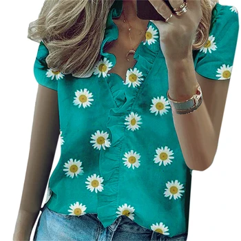 Jaunās Dāmas Krekli Modes Iespiests Ziedu Krekls Elegants Ruffles Dekoru Blūze Heigh Kvalitātes Īsām Piedurknēm Krekls Sievietēm