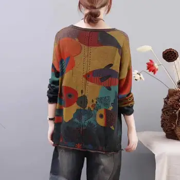 2019 Jauna rudens trikotāžas džemperis brīvs džemperis iespiesti džemperis garām piedurknēm džemperis džemperis sieviešu apaļu kakla retro Karstā pārdošanas