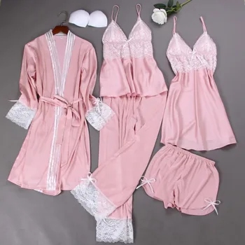 FZSLCYIYI Pajama Komplekti Sieviešu pidžamas naktskrekls Zīda mežģīnes sleepwear sieviešu Drēbes, sieviešu pidžamas komplekts 5gab/set pidžamas apakšveļa