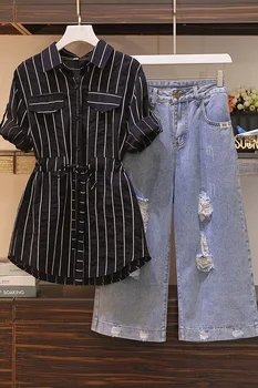 JVCAKE sieviešu komplekti, Divas gabals apģērbs sievietēm, plus lieluma svītrainām zila blūze ar džinsa Džinsi plaša kāju bikses vaļīgas sievietes set