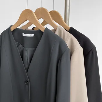 Pārdošanā V-veida kakla Augstas kvalitātes Mazo Uzvalks Jaka Rudens tīrtoņa Krāsu Sieviešu Pusgarās Vienu Krūtīm, Sieviešu Apģērbu