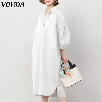 VONDA ir 2021. Modes Sieviešu Cietā Kleita ar garām Piedurknēm Atloks Pavasara Sundress Gadījuma Midi Krekls Puse Vestidos Plus Lieluma Elegants Kleita