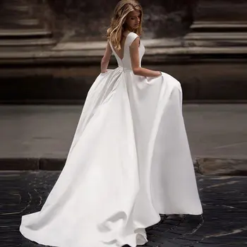 Vienkārši Ziloņkaula baltā satīna kāzu Kleita Ir 2021. Drēbes De Viesībās, longue Oficiālu Abito Da Sposa līgava ir атласное платье Ar kabatas