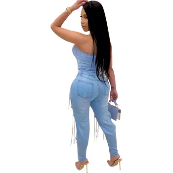2020 sieviešu modes zilā krāsā ar augstu kabatas hip caurumu īpaša dizaina bikses sexy saspringts ķēdes stulpiņi augstās ielu modes dāma bikses
