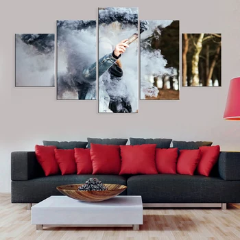 Hd Iespiesti Mūsdienu 5 Gabali Mākslas Moduļu Plakātu, Gleznu Audekla Dekoru Sistēmu Cilvēkiem Ar Krāsainu Dūmu Bumbas