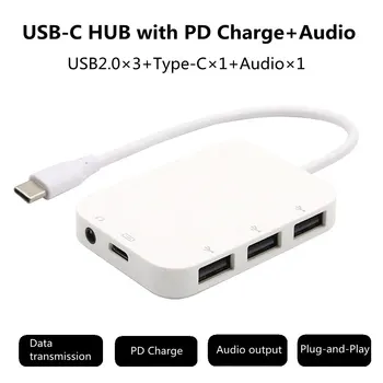 Uzlādes Audio Skaņas Kartes Tips-c HUB 480Mbps 3USB 2.0 Portable Pārveidotāja Adapteris ABS Ceļojuma Piederumi, Mājas Birojam