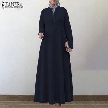 Vintage Kroku Maxi Kleita Sieviešu Rudens Sundress ZANZEA Musulmaņu Kleitas ar garām Piedurknēm Vestidos Sieviešu Cietā Islāma Drēbes Plus Izmēra