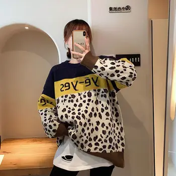 Leopards drukāt līmēšana vintage džemperis sieviešu ziemas jauno zaudēt slinks iekšējo uzstādīšana trikotāžas ārvalstu stila jaka