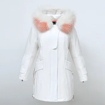 Sieviešu modes gara dūnu jaka kapuci ziemas zaudēt vidukļa slim white duck down lielu jenots kažokādas apkakli uz leju mētelis kapuci YA8023