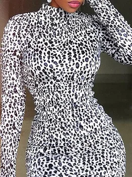 Ar Garām Piedurknēm Leopards Drukāt Scrunched Mini Kleita Sievietēm Izspēles Kakla Gadījuma Streetwear Kleitas