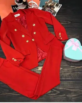 2020. gadam, V-veida kakla Pogu Piedāvā Poliestera Pilna Modes Tērpi, Jaunas divrindu Žakete + Bikses divdaļīga Sieviešu Uzvalks 2 Gabals, kas