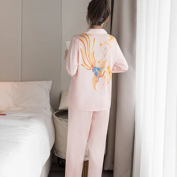 Rozā Drukāt Phoenix Pidžamas Komplekts Sievietēm 2GAB Sleepwear Naktsveļu Pavasara Rudens garām Piedurknēm Miega Komplekts Pijamas Uzvalks Gadījuma Homewear