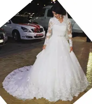 Garas Piedurknes Vestido De Noiva Musulmaņu Kāzu Kleitas Bumbu Kleita ar V-veida kakla Tilla Mežģīnes Boho Dubajas arābu Kāzu Kleita Līgavas