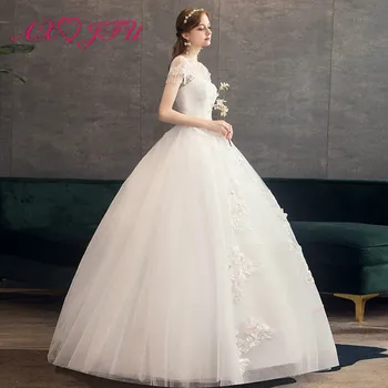 AXJFU princese balto ziedu mežģīņu kāzu kleita puse vintage o kakla frēzēšana kristāla ilūziju bumbu kleita baltā kāzu kleita