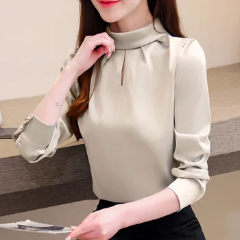 Korejas Modes Zīda Sieviešu Blūzes Eleganta Sieviete Satīna Krekls Plus Lieluma Sieviete Ar Garām Piedurknēm Cietā Blūze Krekli Blusas Mujer De Moda