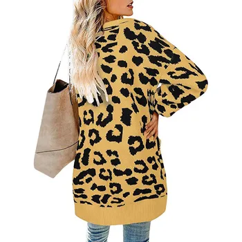 Leopard Trikotāžas Džemperis Sievietēm Dzeltena Plus Lieluma Zaudēt Jakas 2019 Rudens Ziemas Modes Haki Vienu-krūšu Džemperi CX1036