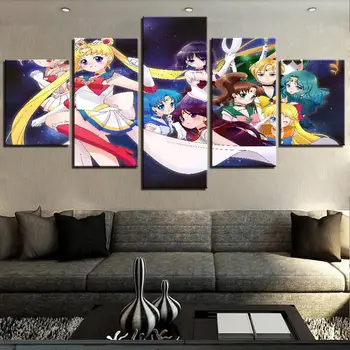 Izdrukas Gleznu 5 Gabali Sienas Mākslas Darbu Sailor Moon Moduļu Audekls Meitenes Plakāts Attēlu Mūsdienu Dāma, Mājas Dekors Gultas Fona