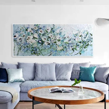 Baltā Un Zilā Ziedu Abstraktu Eļļas Glezna Uz Audekla, Lai Dzīvojamā Istaba Uz Mājām Attēli Krāsu Ar Mūsdienu Naftas Sienas Mākslas Gleznas