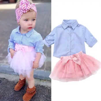 Jaunākās Bērniem, Baby Meitenes Svītru T-krekls Top Mežģīņu +Tutu Svārki 2 Gabali Apģērbs, Apģērbu Komplekts Pr