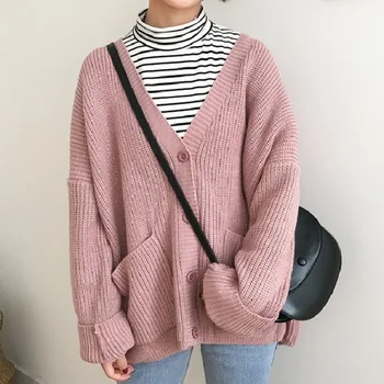 2020. gada rudens un ziemas korejiešu jaunā versija V-veida kakla savvaļas zaudēt vidēja garuma pliks rozā adīta jaka džemperis jaka sievietēm