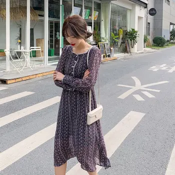 YAMDI elegants midi kleita sievietēm 2020. gadam puse kleitas ar garām piedurknēm pavasara vasaras sieviete vintage-line korejas laukumā apkakles print drēbes