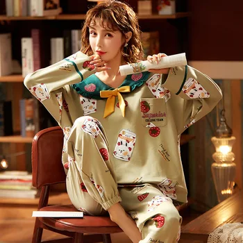 Pidžamas Dāmām Pavasara Rudens Kokvilnas Garām Piedurknēm Ziemas Korejiešu Stilā Lelle Apkakle Mājas Pakalpojumu, Divdaļīga Pijama Mujer Naktsveļu