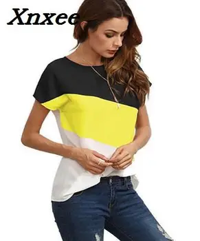 Vasaras T-krekls gadījuma sievietes raibs šifona topi O-veida kakla krekls ar īsām piedurknēm, sieviešu topi Xnxee