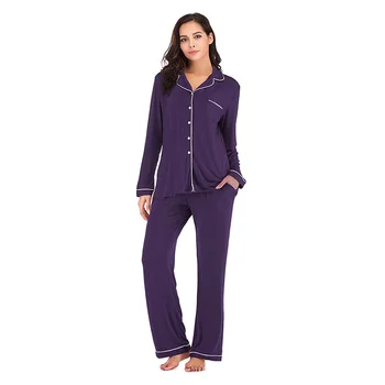 Witbuy Kravu Sleepwear Sieviešu Pidžamas Komplekti Rudens Cietā garām Piedurknēm Buttoned Homewear Savukārt Apkakle Sieviešu Nakts Apģērbus Sievietēm