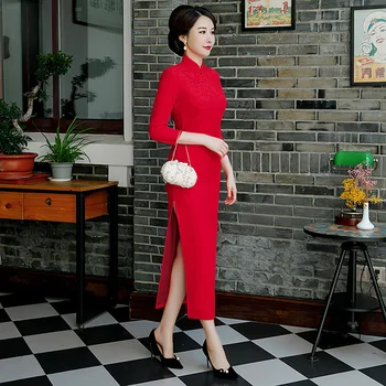 Sarkanā Sexy Sieviešu Mežģīņu Ilgi Cheongsam Tradicionālā Ķīniešu stilā Trīs Ceturtdaļu Piedurknēm Kleita Pavasara Qipao Slim Puse Kleitas Vestido