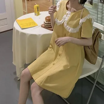 Ar īsām Piedurknēm Kleita Sievietēm Peter Pan Apkakli-line Pogu Pasaku Cute Salds Japāņu Stilā Dienas Auduma Modes Stilīgs Streetwear