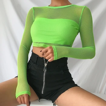 JAUNU 2019 Sieviešu Dobi Acs Neto T-Krekls ar garām Piedurknēm Tee Topi Pārredzamu Fishnet Kultūraugu Top Zaļā Clubwear