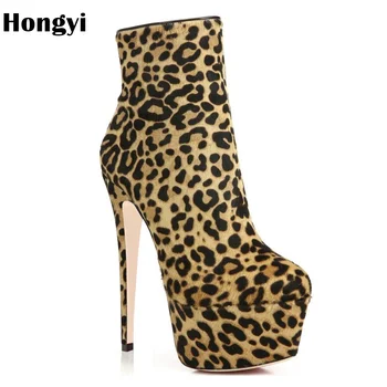 Hongyi Sieviešu Platformas Zābaki 2018 Modes Eiropā leopards izdrukāt Bootie Dobi Plānas augstpapēžu kurpes Zābaki Apavi Bootie Sapatos