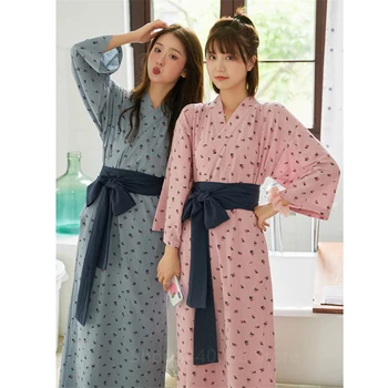 Ir 2021. Jaunu Japāņu Kimono Drukāt Pidžamas Komplekts Sieviešu Zaudēt Rudens Drēbes ar garām Piedurknēm Ziedu Sleepwear Ikdienas Apģērbu Meitenēm Yukata