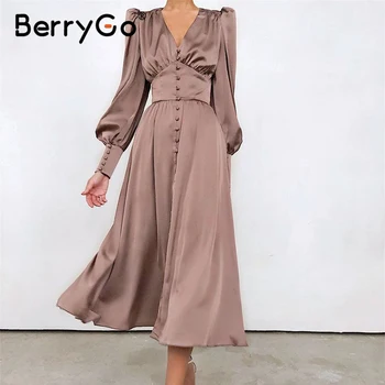 BerryGo Elegants pavasara satīna bīskaps piedurknēm-line kleita sievietes, V-veida kakla augsta vidukļa pogu kleita cietā Vintage garās kleitas šiks