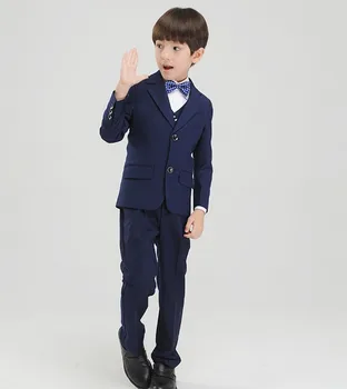 2017 Stilīgs, Tumši Zila Zēns Puse Tuxedos Iecirtums Atloks Bērniem Uzvalks Tumši Zilā Bērniem, Kāzu/Balles Uzvalki (Žakete+Veste+Bikses+Bow)