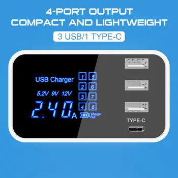 Multi-Port USB Lādētāju, 4-Port Desktop Uzlādes Staciju Mezgls, LCD Displejs, 3 USB+1 Tips-C