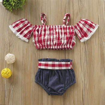 1-4Y Jaundzimušais Zīdainis Baby Girl Apģērbu Komplekti Pleds Pie Pleca Mežģīnēm Izšūta Crop Topi Loku Džinsa Bikses Gadījuma Tērpiem, Sunsuit Komplekts