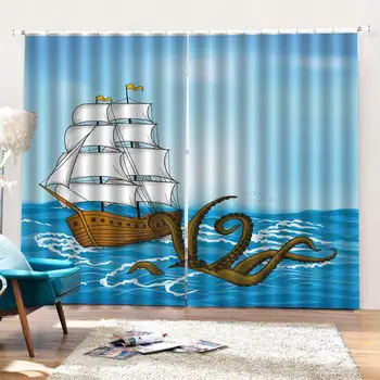 Personalizētu Karikatūra Zilo Buru Liels Astoņkājis uz Jūru Logu Aizkaru Dzīvojamā istaba guļamistaba balckout Mājas Iekštelpu Pārklāji