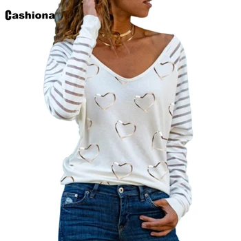 Cashiona Plus lieluma Sieviešu Top Elegants Atpūtas Gadījuma T-krekls ar garām Piedurknēm V-veida kakla Burbulis Drukāt Femme Raibs Svītru t-veida krekls