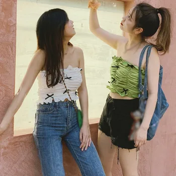 Sieviešu Vasaras Pie Pleca Sexy Beach Īss Trikotāžas Tops Saldās Dāmas korejiešu Stilā Strapless Topi 2020