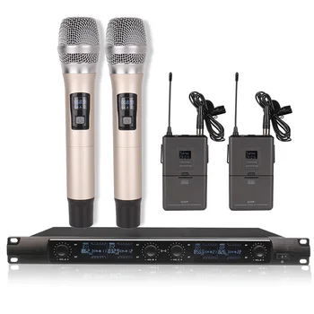 Profesionālo mikrofonu sistēma 4 kanālu mikrofons bezvadu ar 2 austiņu mikrofons, 2 rokas mikrofons darbības posmā