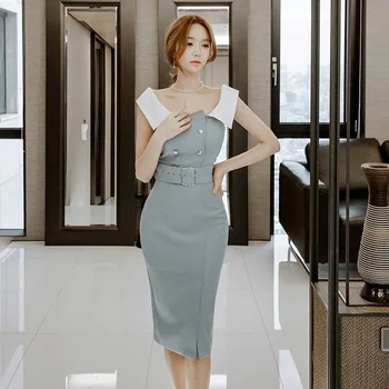 CBAFU korejiešu stilā, biroja dāma darba kleita sievietēm pogas, seksīga, elegants puse kleita bez piedurknēm sieviešu bodycon vestidos jostas D432