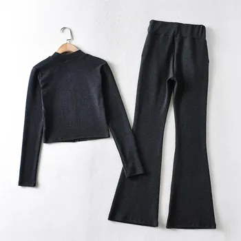 2020. Gada Pavasara Modes Divas Gabals Tērpi Sievietēm Gadījuma Cietā Melnā Stand Apkakli Mēteļi + Elastic Augsts Viduklis Plats Kāju Uzliesmojuši Bikses