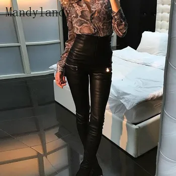 Mandylandy Rudens Modes PU Bikses Sieviešu Sexy Rāvējslēdzēju Izdilis Augsta Vidukļa tīrtoņa Krāsu Gadījuma Zīmuli Bikses