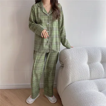 Pavasarī pāris sleepwear pleds pidžamas komplekts sievietēm ar garām piedurknēm vienu krūtīm, jakas bikses komplekti vīriešiem homewear drēbes 2gab L247