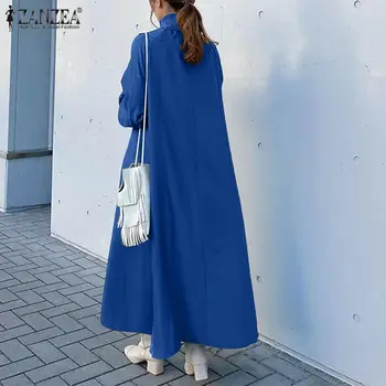 ZANZEA Vintage Sieviešu Pavasara augstu uzrullētu apkakli Ilgi Puff Piedurknēm Puse Kleita Ir 2021. Modes Sundress Plus Lieluma Cietā Maxi Ilgi Vestidos