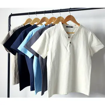ASV Vīriešu Linu Veļa T-Krekls Gadījuma V-veida Kakla Pogu uz Leju, T-Kreklus, Slim Fit Kokvilnas Veļa ar Īsām Piedurknēm Pamata Augšu